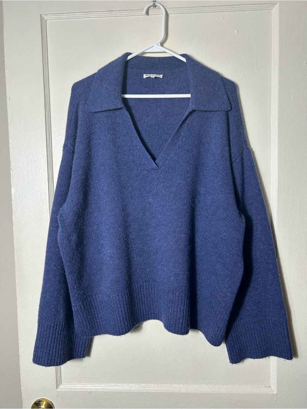 Reformation blue sawyer 100% cashmere collared sweater womens L rare - Picture 3 of 9